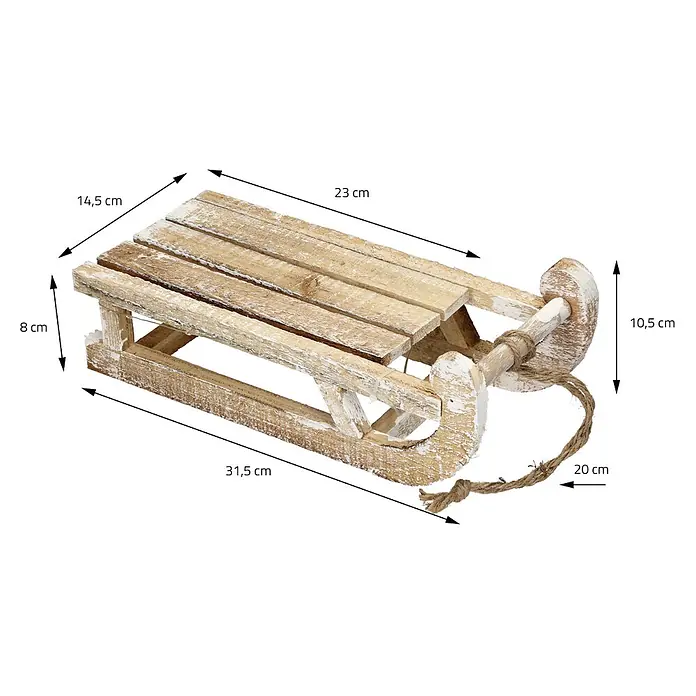 ECD Germany LED-Weihnachtsdekofigur Dekoschlitten Retro Rodel Holzschlitten Winterdeko - Braun, Akkubetrieben, LED - Rustikaler weißer Miniatur-Holzschlitten mit Juteseil.