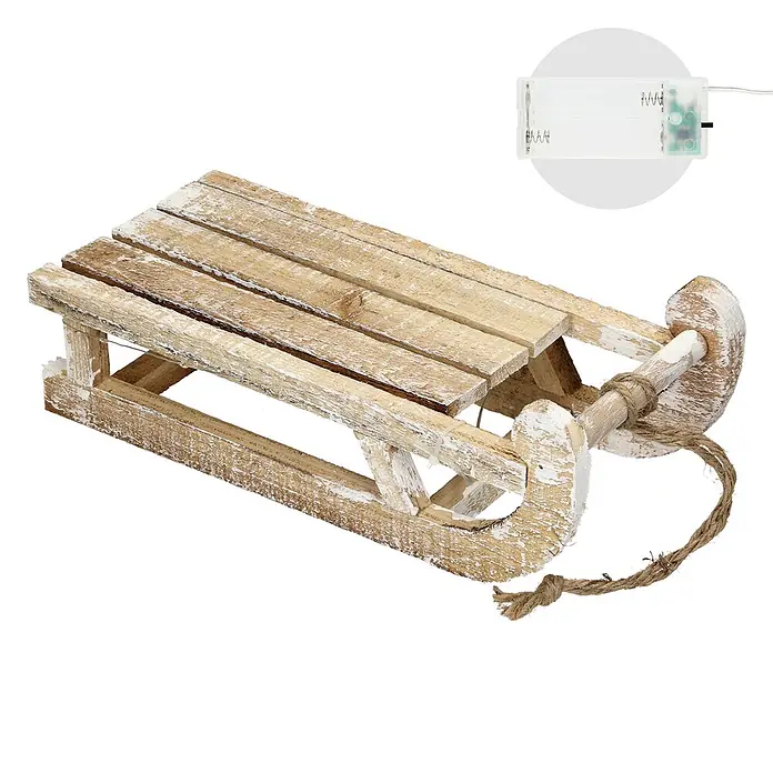 ECD Germany LED-Weihnachtsdekofigur Dekoschlitten Retro Rodel Holzschlitten Winterdeko - Braun, Akkubetrieben, LED - Dekorativer Holzschlitten mit geweißter Oberfläche, Juteseil und sichtbarer Batteriebox.