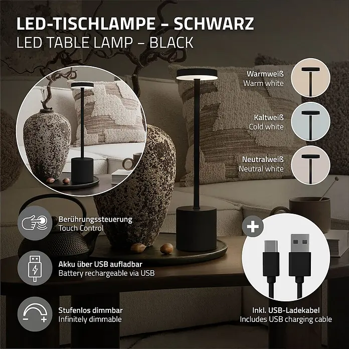 ML-Design LED-Tischleuchte rund Nachttischlampe Schwarz 3 Lichtfarben Tragbare Metall Led Lampe - Schwarz, Schwarz - Schwarze LED-Tischlampe, zeigt Funktionen: Berührungssteuerung, dimmbar, akkubetrieben, verschiedene Lichtfarben.
