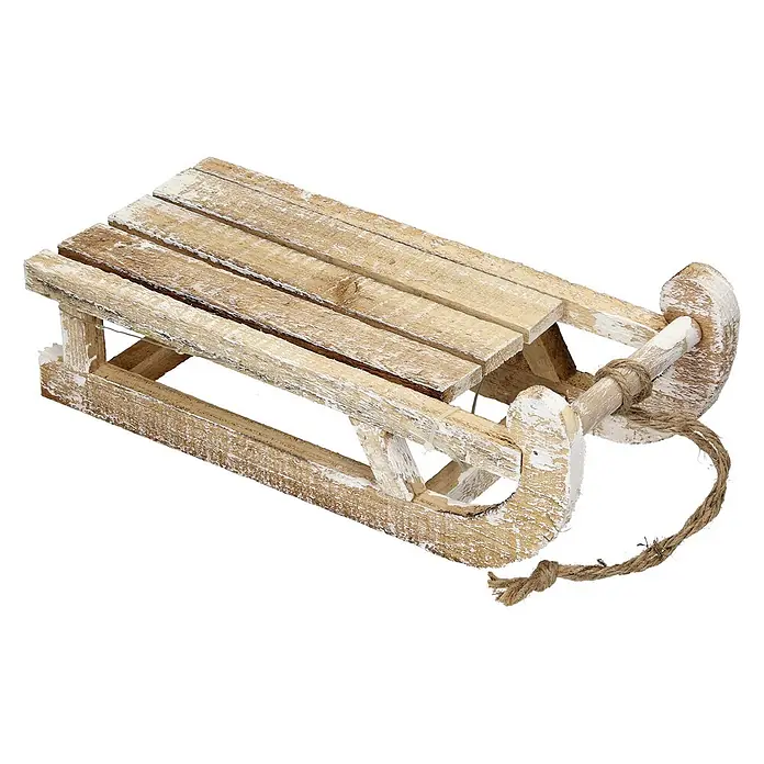 ECD Germany LED-Weihnachtsdekofigur Dekoschlitten Retro Rodel Holzschlitten Winterdeko - Braun, Akkubetrieben, LED - Rustikaler Deko-Schlitten aus Holz mit Used-Look in Weiß und Jute-Zugseil.