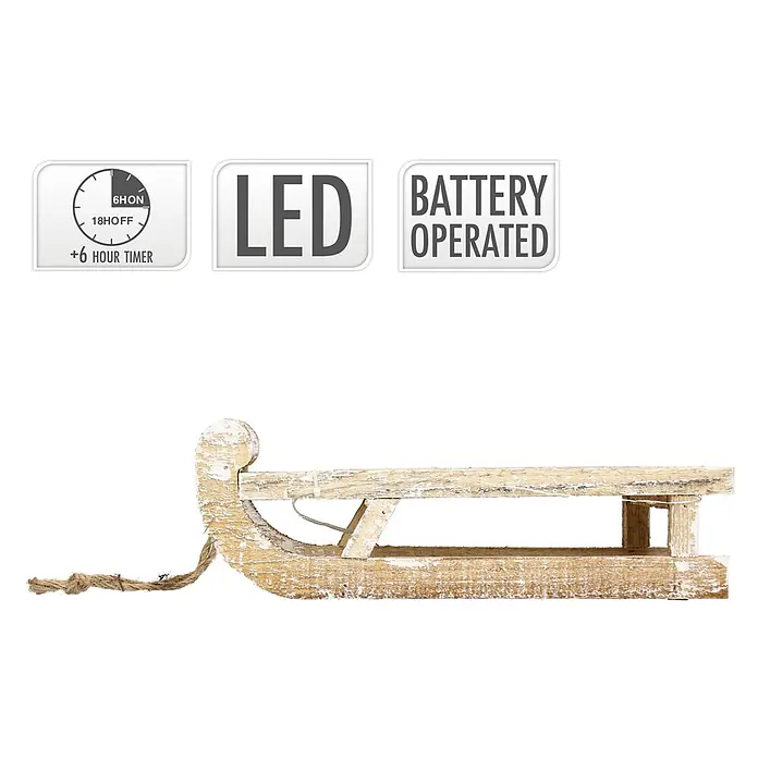 ECD Germany LED-Weihnachtsdekofigur Dekoschlitten Retro Rodel Holzschlitten Winterdeko - Braun, Akkubetrieben, LED - Dekorative Schlitten aus distressed weißem Holz mit Seil. Verfügt über LED-Lichter, Batteriebetrieb und 6-Stunden-Timer (6H AN/18H AUS).