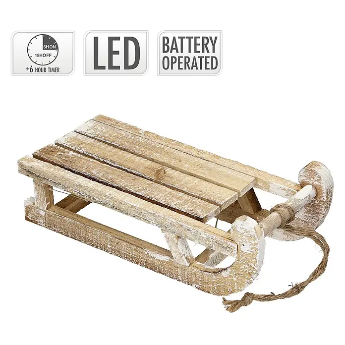 ECD Germany LED-Weihnachtsdekofigur Dekoschlitten Retro Rodel Holzschlitten Winterdeko - Braun, Akkubetrieben, LED - Dekorativer weiß gekalkter Holzschlitten mit LED-Beleuchtung, 6-Stunden-Timer und batteriebetrieben.