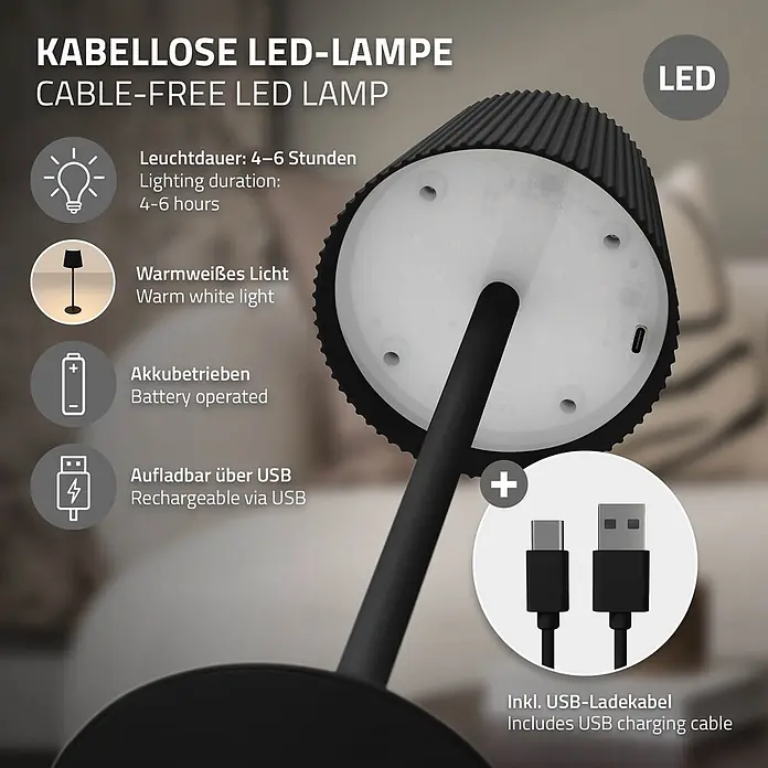 ML-Design LED-Tischleuchte rund Nachttischlampe Schwarz 4 Stufen Tragbare Metall LED Lampe - Schwarz, Schwarz - Eine schwarze kabellose LED-Lampe, teilweise sichtbar, zeigt ihren USB-Ladeanschluss und das mitgelieferte USB-Kabel.