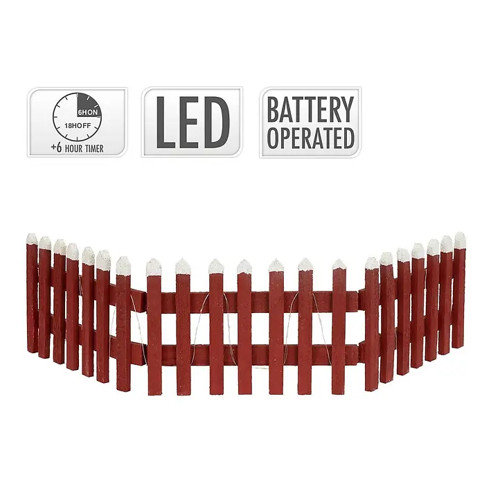 ECD Germany LED-Weihnachtsdekofigur Deko Holz Zaun Mini Gartenzaun Mini-Lattenzaun - Rot, Akkubetrieben, LED - Roter Holzzaun mit weißen Spitzen und integrierten LED-Leuchten, batteriebetrieben mit 6-Stunden-Timer.