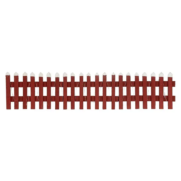 ECD Germany LED-Weihnachtsdekofigur Deko Holz Zaun Mini Gartenzaun Mini-Lattenzaun - Rot, Akkubetrieben, LED - Ein roter Miniatur-Lattenzaun mit weißen, schneebedeckten Spitzen und integrierten Lichterketten.
