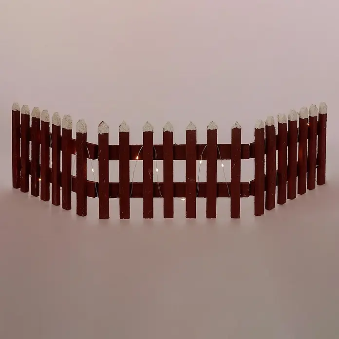 ECD Germany LED-Weihnachtsdekofigur Deko Holz Zaun Mini Gartenzaun Mini-Lattenzaun - Rot, Akkubetrieben, LED - Brauner Deko-Lattenzaun mit weißen Spitzen und Lichterkette, halbkreisförmig.