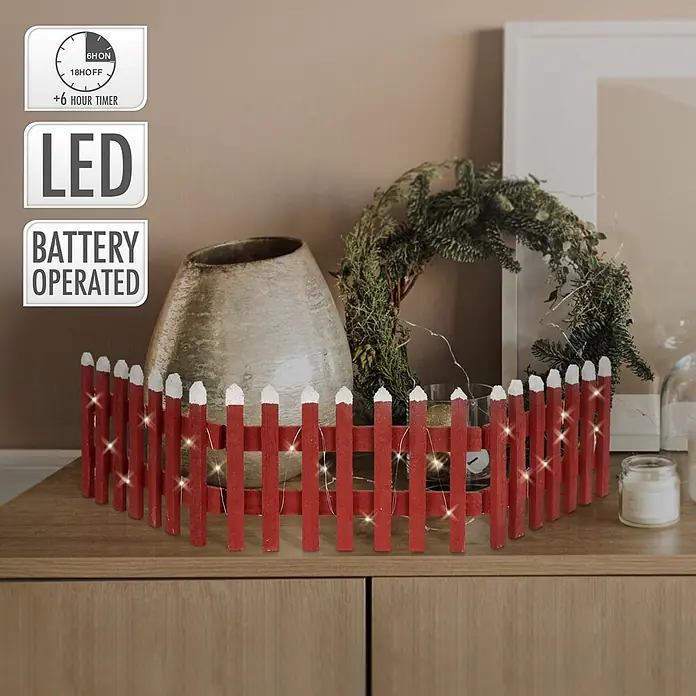 ECD Germany LED-Weihnachtsdekofigur Deko Holz Zaun Mini Gartenzaun Mini-Lattenzaun - Rot, Akkubetrieben, LED - Roter Lattenzaun mit weißen Spitzen, LED-Lichterkette, batteriebetrieben mit Timer.