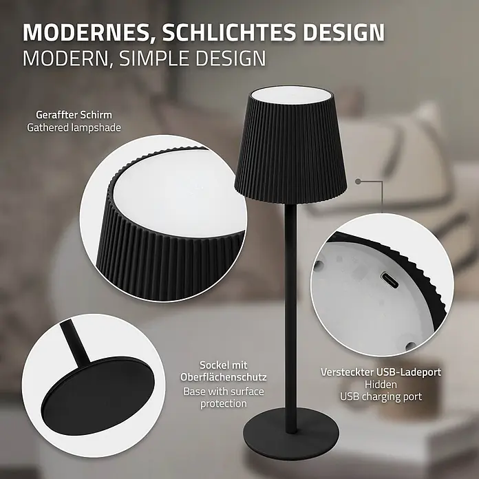 ML-Design LED-Tischleuchte rund Nachttischlampe Schwarz 4 Stufen Tragbare Metall LED Lampe - Schwarz, Schwarz - Schwarze moderne Tischleuchte mit plissiertem Schirm, schützendem Fuß und verstecktem USB-Ladeanschluss.