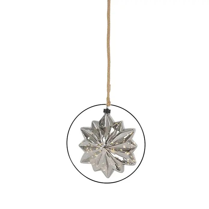 ECD Germany LED-Weihnachtsdekofigur Kugelleuchte Weihnachtkugel LED Dekokugel Pendelleuchte Lichterkugel - 25 x 2 x 105 cm, Grau, Akkubetrieben, LED - Ein silberner sternförmiger, beleuchteter Hängedekor mit Seil in einem schwarzen Kreisrahmen.