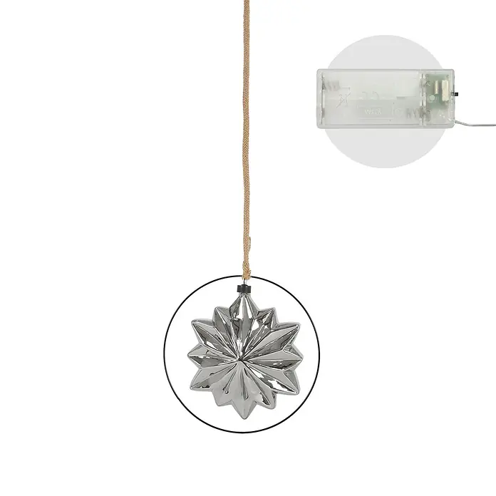 ECD Germany LED-Weihnachtsdekofigur Kugelleuchte Weihnachtkugel LED Dekokugel Pendelleuchte Lichterkugel - 25 x 2 x 105 cm, Grau, Akkubetrieben, LED - Silbernes Metallstern-Ornament mit schwarzem Rahmen, an einer braunen Schnur hängend. Inkl. Batteriefach.