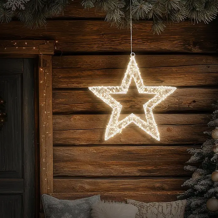 ECD Germany LED-Weihnachtsdekoleuchte Weihnachtsdeko Drahtstern Weihnachtsstern Dekostern für Weihnachten - 8 x 38 x 38 cm, Weiß, Netzbetrieben, LED - Großer beleuchteter weißer Stern mit warmweißen Lichtern, hängt an einer rustikalen Holzwand als festliche Dekoration.