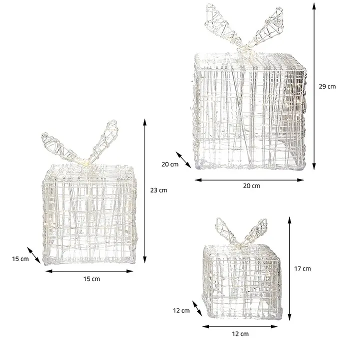 ECD Germany LED-Weihnachtsdekofigur LED Dekolicht Geschenkboxen Weihnacht Dekoobjekt - 20 x 20 x 29 cm, Weiß, Netzbetrieben, LED - Drei beleuchtete Geschenkschachtel-Dekorationen in verschiedenen Größen mit Schleifen und Maßen.