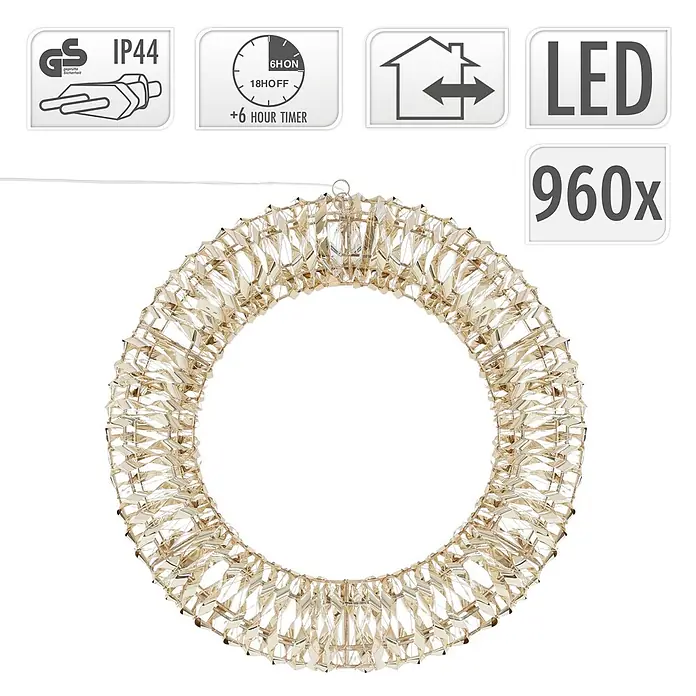 ECD Germany LED-Weihnachtsdekoleuchte Wandkranz Hängekranz Weihnachts Kranz Lichterkranz Dekorationskranz - 58 x 9 x 58 cm, Weiß, Netzbetrieben, LED - Runde dekorative LED-Leuchte, champagnerfarbener facettierter Kranz mit 960 LEDs, für Innen- und Außenbereich.