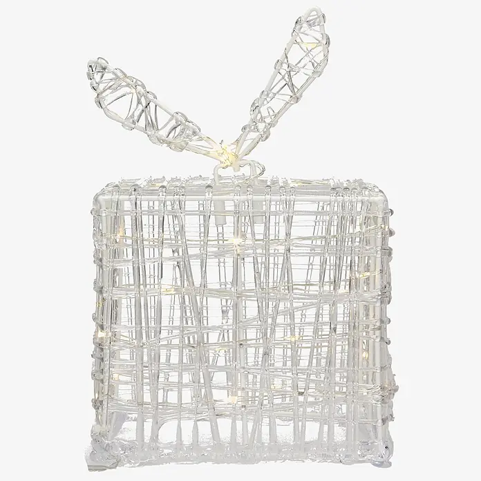 ECD Germany LED-Weihnachtsdekofigur LED Dekolicht Geschenkboxen Weihnacht Dekoobjekt - 20 x 20 x 29 cm, Weiß, Netzbetrieben, LED - Transparentes, quadratisches Leuchtgeschenk mit verwobenen Strängen und Schleife, beleuchtet von warmweißen LEDs.