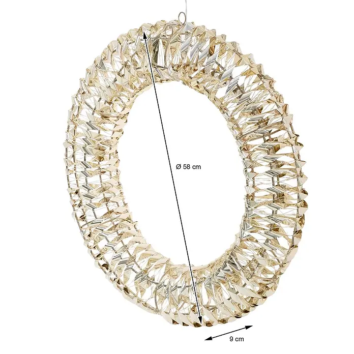 ECD Germany LED-Weihnachtsdekoleuchte Wandkranz Hängekranz Weihnachts Kranz Lichterkranz Dekorationskranz - 58 x 9 x 58 cm, Weiß, Netzbetrieben, LED - Goldfarbener Dekoring mit facettierter, reflektierender Oberfläche, 58 cm Durchmesser, 9 cm Tiefe.