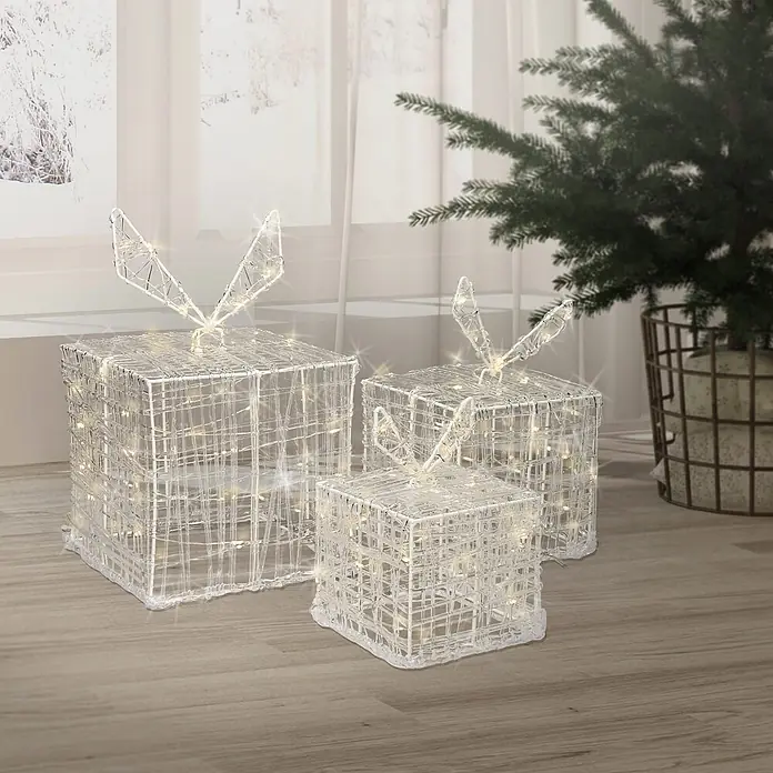 ECD Germany LED-Weihnachtsdekofigur LED Dekolicht Geschenkboxen Weihnacht Dekoobjekt - 20 x 20 x 29 cm, Weiß, Netzbetrieben, LED - Set aus 3 weißen, beleuchteten Drahtrahmen-Geschenkboxen in verschiedenen Größen mit warmweißen Lichtern für die Weihnachtsdekoration.