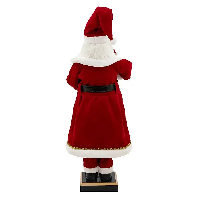 ECD Germany LED-Weihnachtsdekofigur - Rot, Weiß, Schwarz, Netzbetrieben, LED - Rückansicht einer stehenden Weihnachtsmannfigur aus rotem Samt und weißem Fell, mit schwarzem Gürtel und goldener Borte, auf einem Dekosockel.
