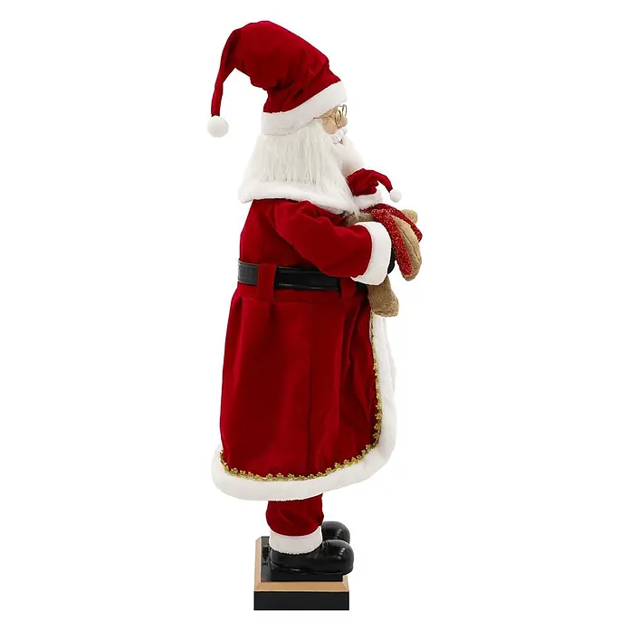 ECD Germany LED-Weihnachtsdekofigur - Rot, Weiß, Schwarz, Netzbetrieben, LED - Festliche Weihnachtsmannfigur im roten Samtkostüm mit weißem Pelzbesatz und Goldakzenten, hält ein glitzerndes Rentier auf einer Basis.