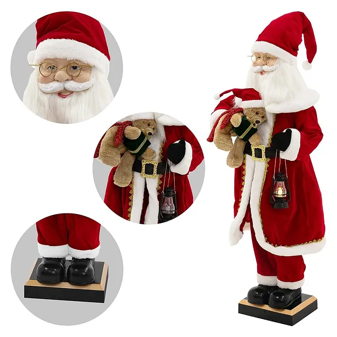 ECD Germany LED-Weihnachtsdekofigur - Rot, Weiß, Schwarz, Netzbetrieben, LED - Weihnachtsmannfigur im roten Anzug mit weißem Besatz, hält einen Teddybär und eine Laterne, steht auf einem Sockel.