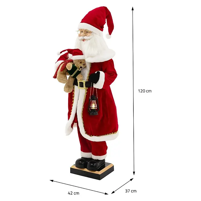ECD Germany LED-Weihnachtsdekofigur - Rot, Weiß, Schwarz, Netzbetrieben, LED - Stehende Weihnachtsmannfigur in Rot und Weiß, mit Teddybär und Laterne. 120 cm hohe Weihnachtsdekoration.