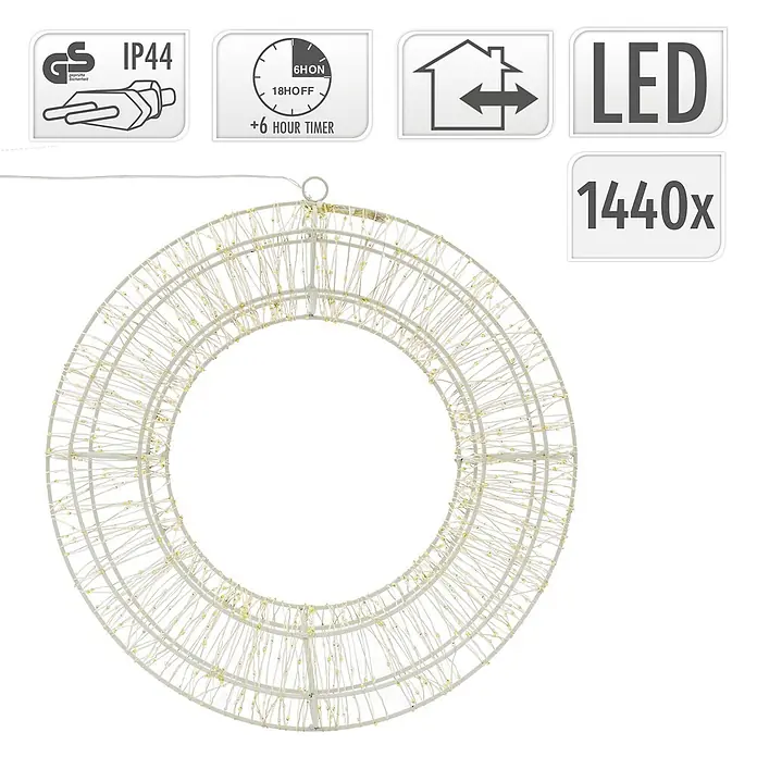 ECD Germany LED-Weihnachtsdekoleuchte Wandkranz Hängekranz Weihnachts Kranz Lichterkranz Dekorationskranz - Weiß, Netzbetrieben, LED - Weißer Metall-Dekokranz mit 1440 warmweißen LED-Lichtern und Timer, IP44 für den Innen- und Außenbereich.