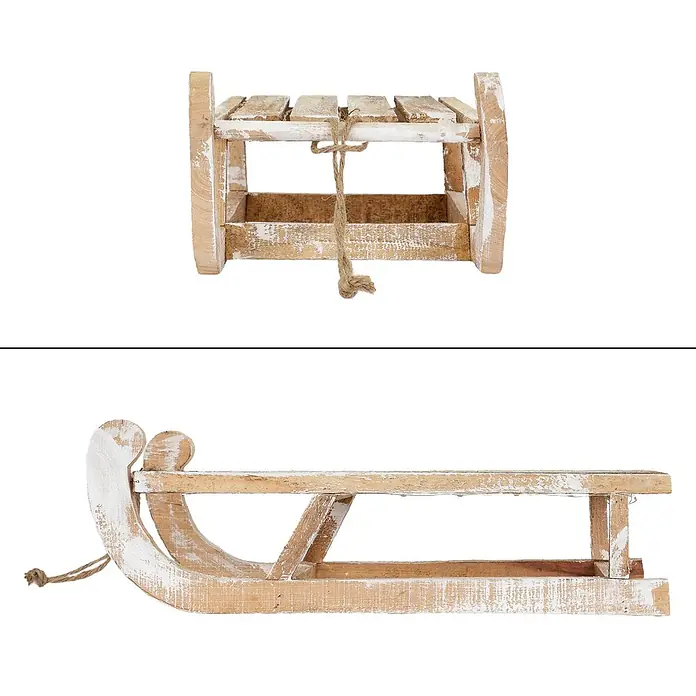 ECD Germany LED-Weihnachtsdekofigur Dekoschlitten Retro Rodel Holzschlitten Winterdeko - Braun, Akkubetrieben, LED - Rustikaler, weiß getünchter Holzschlitten mit Seil.