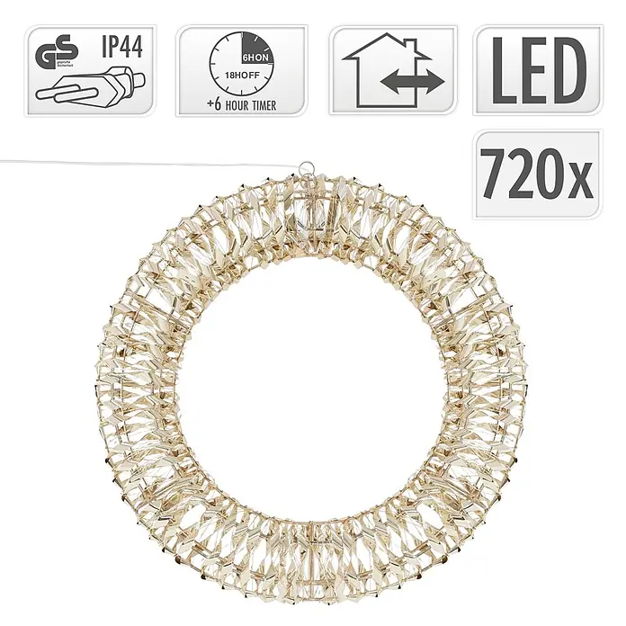 ECD Germany LED-Weihnachtsdekoleuchte Wandkranz Hängekranz Weihnachts Kranz Lichterkranz Dekorationskranz - 50 x 9 x 50 cm, Weiß, Netzbetrieben, LED - Runder dekorativer LED-Lichtkranz mit goldenen, facettierten kristallähnlichen Elementen.