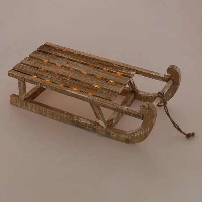 ECD Germany LED-Weihnachtsdekofigur Dekoschlitten Retro Rodel Holzschlitten Winterdeko - Braun, Akkubetrieben, LED - Dekorativer Schlitten aus Altholz mit integrierten warmen Lichtern und Juteseil.
