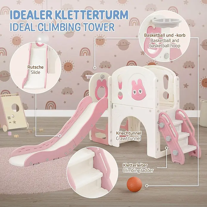 ECD Germany Rutsche - B x L: 134,5 x 162 cm, Kunststoff, Weiß, Rosa - Rosa-weißer Kinderkletterturm mit Rutsche, Krabbeltunnel, Kletterleiter und Basketballkorb in einem verspielten Zimmer.