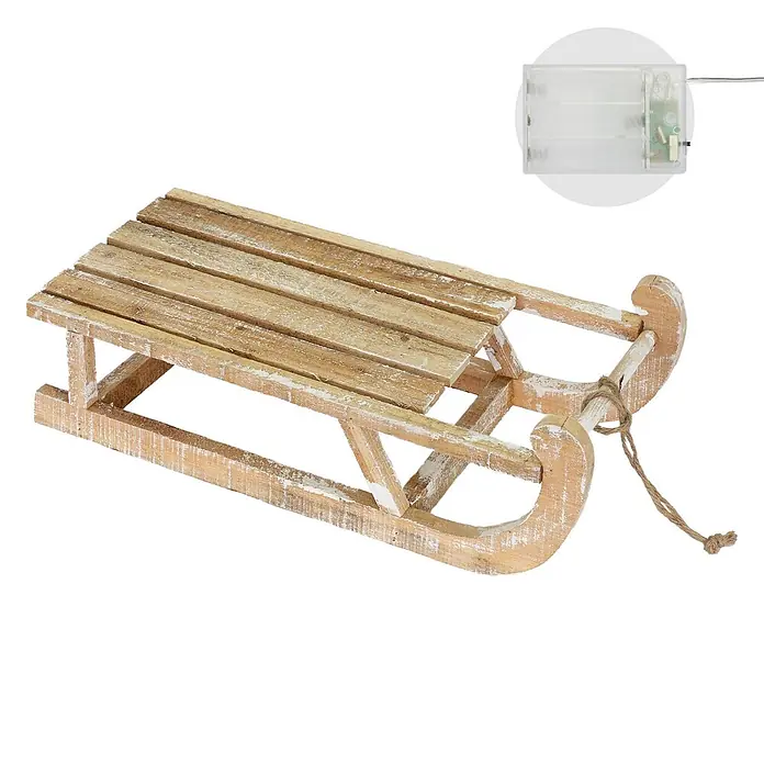 ECD Germany LED-Weihnachtsdekofigur Dekoschlitten Retro Rodel Holzschlitten Winterdeko - Braun, Akkubetrieben, LED - Rustikaler Holz-Dekoschlitten mit Shabby-Chic-Finish, Seil und Batteriefach.