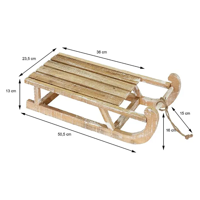 ECD Germany LED-Weihnachtsdekofigur Dekoschlitten Retro Rodel Holzschlitten Winterdeko - Braun, Akkubetrieben, LED - Dekoschlitten aus altem Holz in Weiß und Natur, mit Seil, 50,5 cm lang.