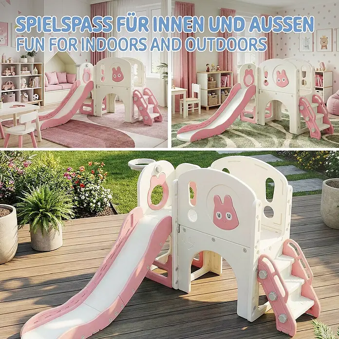 ECD Germany Rutsche - B x L: 134,5 x 162 cm, Kunststoff, Weiß, Rosa - Creme-pinke Kunststoff-Kinderrutsche und Klettergerüst mit Hasenmotiven, für drinnen und draußen geeignet.