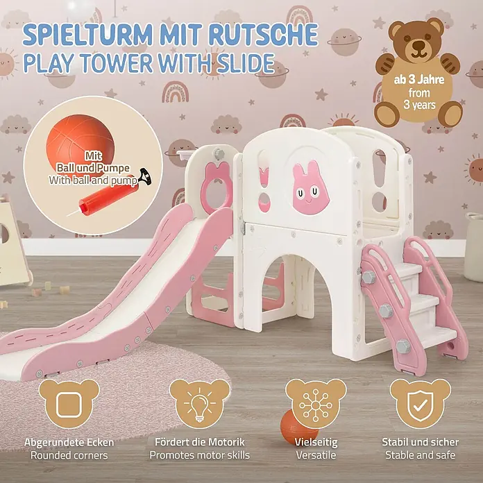 ECD Germany Rutsche - B x L: 134,5 x 162 cm, Kunststoff, Weiß, Rosa - Rosa-weißer Kinderspielturm mit Rutsche, Treppe, Basketballkorb, Ball und Pumpe, ab 3 Jahren.