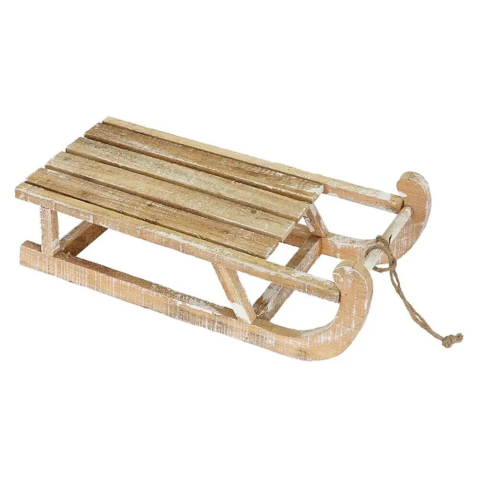 ECD Germany LED-Weihnachtsdekofigur Dekoschlitten Retro Rodel Holzschlitten Winterdeko - Braun, Akkubetrieben, LED - Rustikaler Holzschlitten mit verwitterter weißer Farbe und Juteseilgriff.