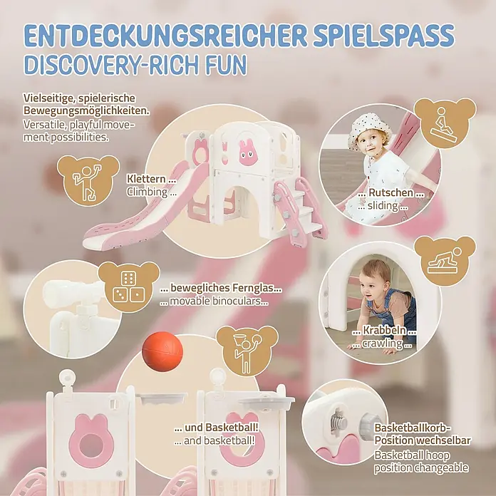 ECD Germany Rutsche - B x L: 134,5 x 162 cm, Kunststoff, Weiß, Rosa - Rosa-weiße Spielanlage für Kinder mit Rutsche, Treppen, Basketballkorb und beweglichem Fernglas für vielseitige Bewegungsaktivitäten.
