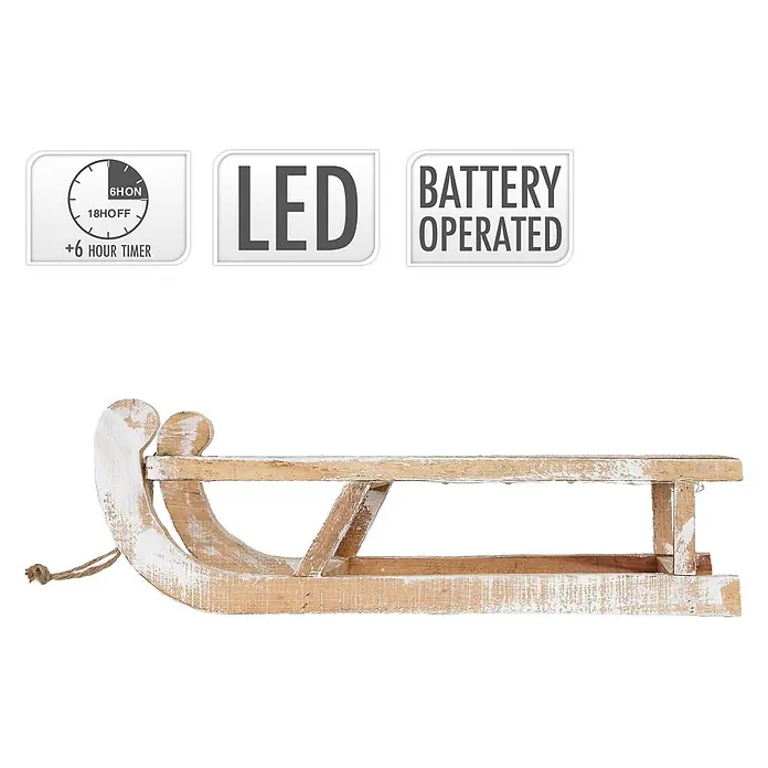 ECD Germany LED-Weihnachtsdekofigur Dekoschlitten Retro Rodel Holzschlitten Winterdeko - Braun, Akkubetrieben, LED - Rustikaler, weiß patinierter Holzschlitten mit Seil, LED-Beleuchtung, Batteriebetrieb und 6-Stunden-Timer.