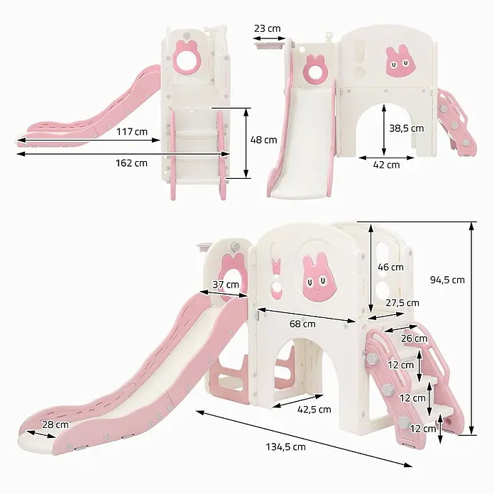 ECD Germany Rutsche - B x L: 134,5 x 162 cm, Kunststoff, Weiß, Rosa - Weiße und rosa Kunststoff-Kinderrutsche und Spielhaus mit Maßangaben.