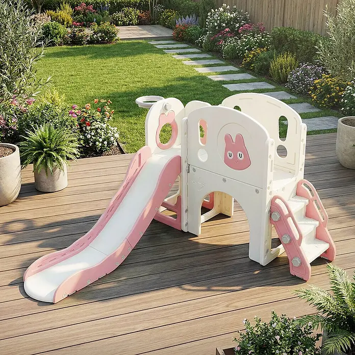 ECD Germany Rutsche - B x L: 134,5 x 162 cm, Kunststoff, Weiß, Rosa - Weiße und rosa Kinderrutsche mit Spielstruktur, Stufen und Hasenausschnitten, auf einer Holzterrasse im Garten.