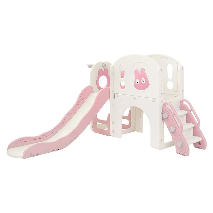 ECD Germany Rutsche - B x L: 134,5 x 162 cm, Kunststoff, Weiß, Rosa - Weiße und rosa Kinder-Rutschbahn aus Kunststoff mit Treppe und Hasendesign.