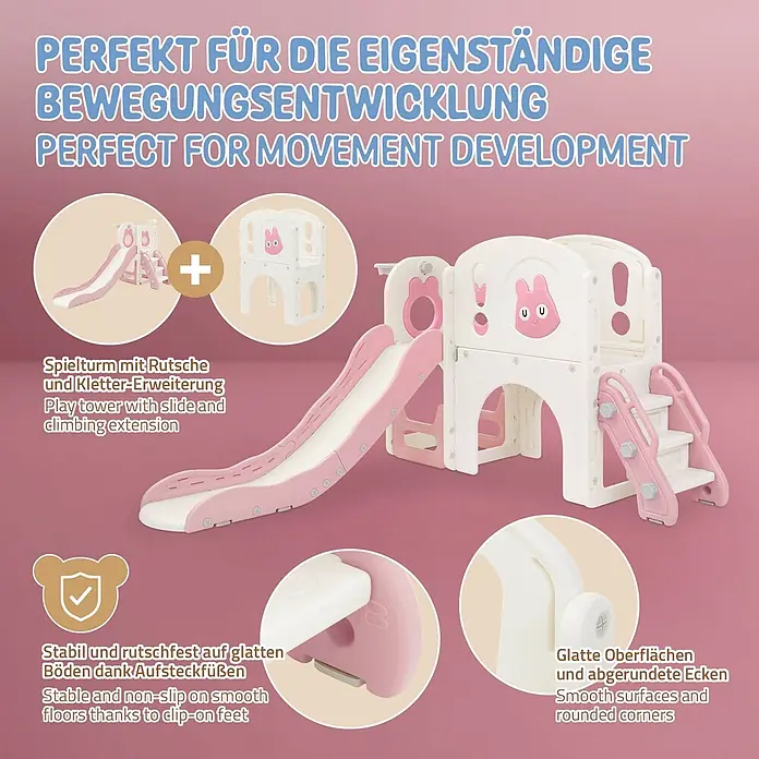 ECD Germany Rutsche - B x L: 134,5 x 162 cm, Kunststoff, Weiß, Rosa - Rosa-weißer Spielturm aus Kunststoff mit Rutsche und Kletter-Erweiterung für die Bewegungsentwicklung.