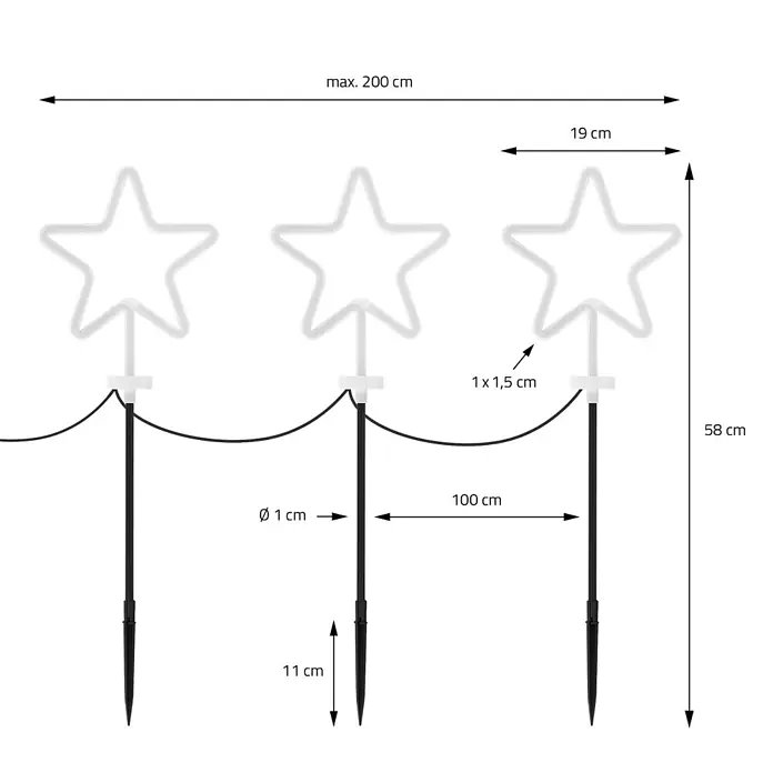 ECD Germany LED-Weihnachtsdekofigur 3er Set Gartenstecker Stern Deko Beleuchtung für Außen Stableuchten - 500 x 1,8 x 58 cm, Weiß, Netzbetrieben, LED - Drei weiße, beleuchtete Stern-Erdspieße mit schwarzen Erdankern, verkabelt, mit Maßen.