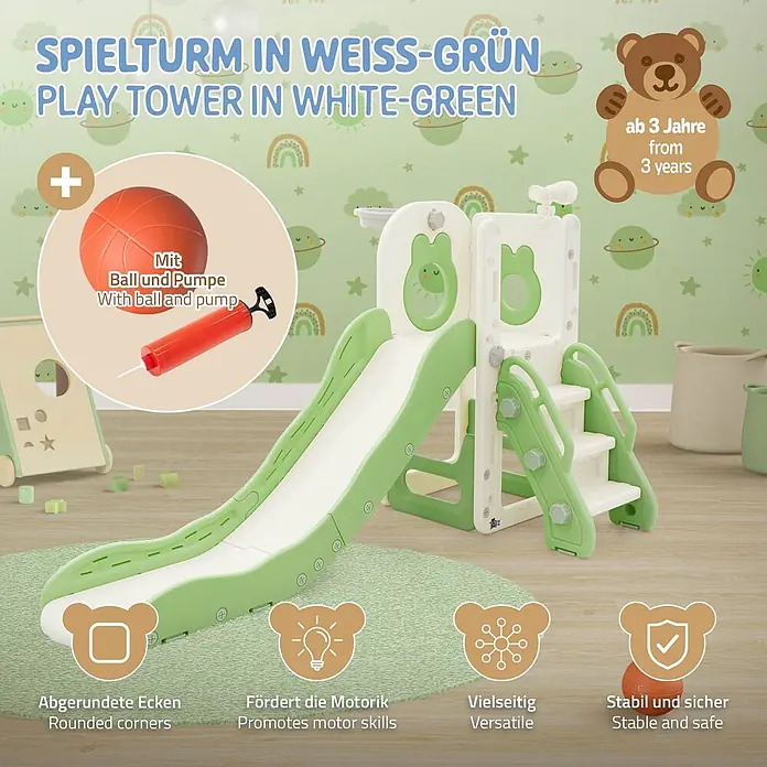 ECD Germany Rutsche Spielgerüst für Kinder ab 3 Jahren, Weiß-Grün, Indoor&Outdoor Rutsche - B x L: 91 x 162 cm, Kunststoff, Weiß, Grün - Weiß-grüner Spielturm mit Rutsche und Stufen, inklusive Ball und Pumpe, geeignet für Kinder ab 3 Jahren, mit abgerundeten Ecken.