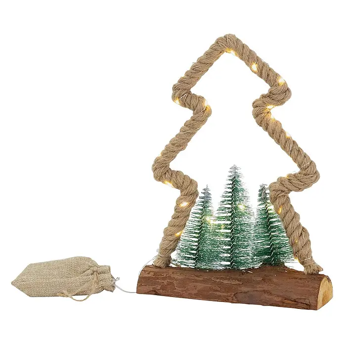 ECD Germany LED-Weihnachtsdekofigur Dekobaum beleuchtete Winterlandschaft Tannenbaum Deko Holzbaum - Braun, Grün, Akkubetrieben, LED - Beleuchtete Weihnachtsbaum-Dekoration mit Seilrahmen, kleinen Raureifbäumen auf Holzsockel und LEDs.