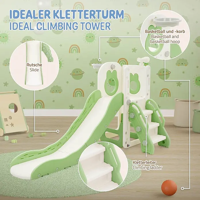 ECD Germany Rutsche Spielgerüst für Kinder ab 3 Jahren, Weiß-Grün, Indoor&Outdoor Rutsche - B x L: 91 x 162 cm, Kunststoff, Weiß, Grün - Grün-weißer Kinder-Kletterturm mit Rutsche, Kletterleiter und Basketballkorb, platziert in einem Spielzimmer.