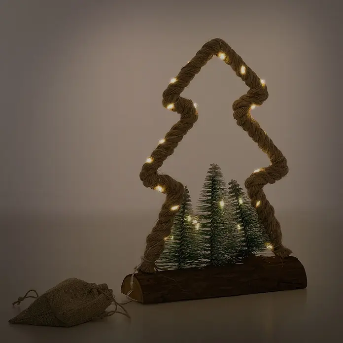 ECD Germany LED-Weihnachtsdekofigur Dekobaum beleuchtete Winterlandschaft Tannenbaum Deko Holzbaum - Braun, Grün, Akkubetrieben, LED - Beleuchtete Weihnachtsbaumdekoration: Seilumriss mit warmen Lichtern, kleine Kunstbäume auf Holzbasis, mit Jutesack.