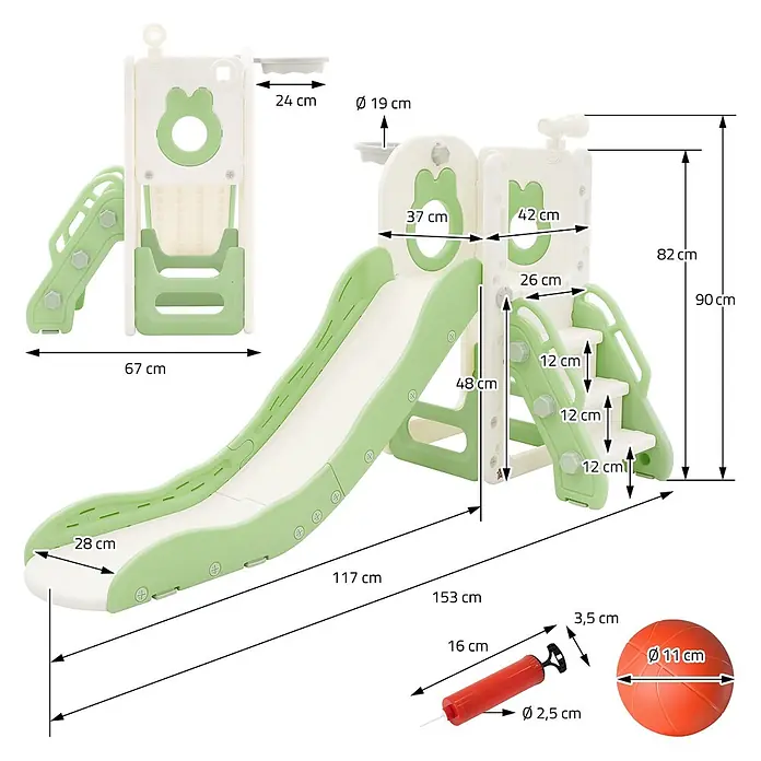 ECD Germany Rutsche Spielgerüst für Kinder ab 3 Jahren, Weiß-Grün, Indoor&Outdoor Rutsche - B x L: 91 x 162 cm, Kunststoff, Weiß, Grün - Weiße und grüne Kinderrutsche aus Kunststoff mit Stufen, Basketballkorb und einem kleinen Basketball mit Pumpe.