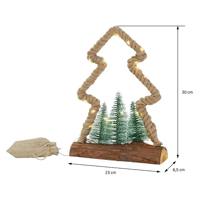 ECD Germany LED-Weihnachtsdekofigur Dekobaum beleuchtete Winterlandschaft Tannenbaum Deko Holzbaum - Braun, Grün, Akkubetrieben, LED - LED-Weihnachtsbaumdekoration: Seilumriss mit Lichtern, Kunstbäume auf Holzsockel. Maße 30x23x6,5 cm.