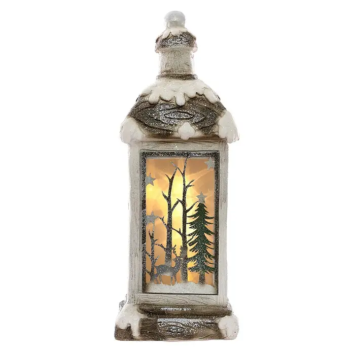 ECD Germany LED-Weihnachtsdekofigur 3D Deko Aufsteller Ornament Weihnacht Dekofigur - 19 x 22 x 60 cm, Weiß, Beige, Grün, Akkubetrieben, LED - Glitzernde weiße Weihnachtslaterne mit einer warm leuchtenden Winterszene mit Bäumen, Rehen und Sternen.