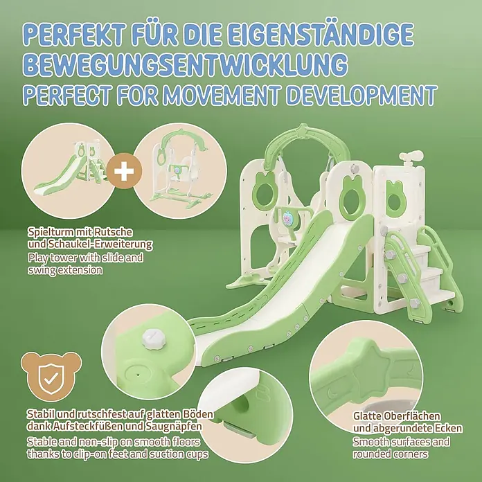 ECD Germany Rutsche - Kunststoff, Weiß, Grün - Hellgrüner und cremefarbener Kinder-Spielturm mit Rutsche und Schaukel, stabil dank rutschfester Füße und glatten, abgerundeten Oberflächen.