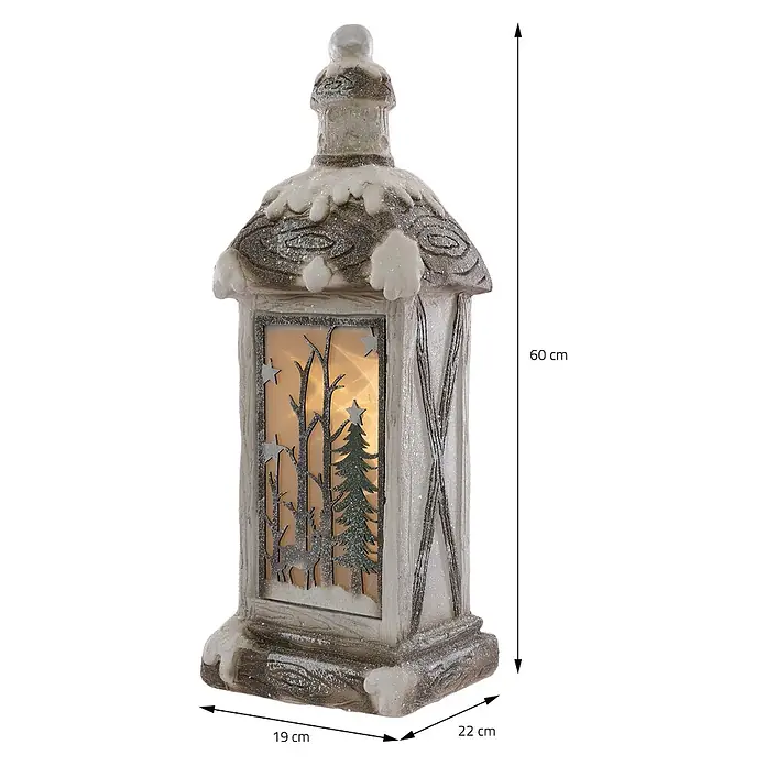 ECD Germany LED-Weihnachtsdekofigur 3D Deko Aufsteller Ornament Weihnacht Dekofigur - 19 x 22 x 60 cm, Weiß, Beige, Grün, Akkubetrieben, LED - Winterliche Dekolaterne, weiß/grau/braun, Glitzer, Waldszene mit Hirsch, Bäumen, Sternen, beleuchtet. H60xB19xT22cm.